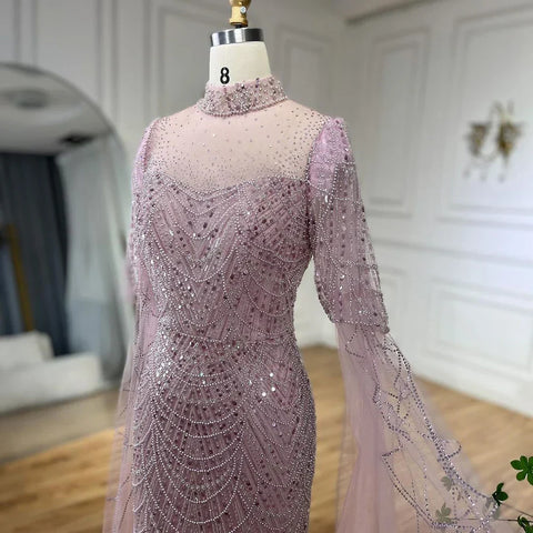 Dubai Pink Cape Sleeves Mermaid Beaded Luxury Long Arabic Evening Dresses Gowns for Woman Wedding Party LA71992A