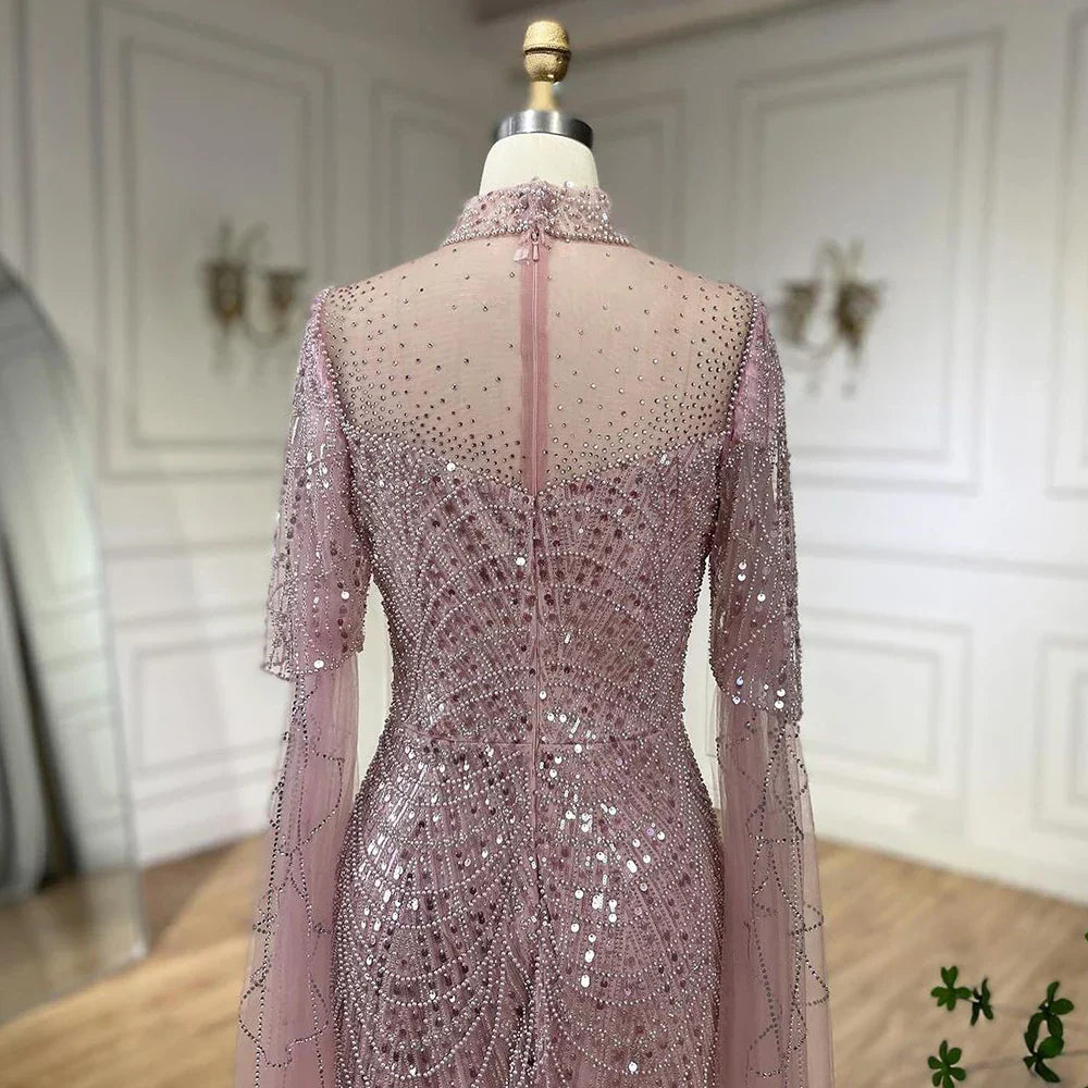 Dubai Pink Cape Sleeves Mermaid Beaded Luxury Long Arabic Evening Dresses Gowns for Woman Wedding Party LA71992A