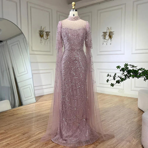 Dubai Pink Cape Sleeves Mermaid Beaded Luxury Long Arabic Evening Dresses Gowns for Woman Wedding Party LA71992A