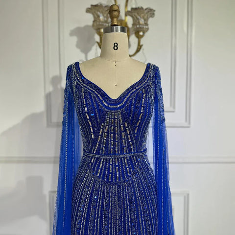 Dubai Royal Blue Elegant Cape Sleeves Beaded Arabic Luxury Evening Dresses Gowns for Women Party 2025 LA72502