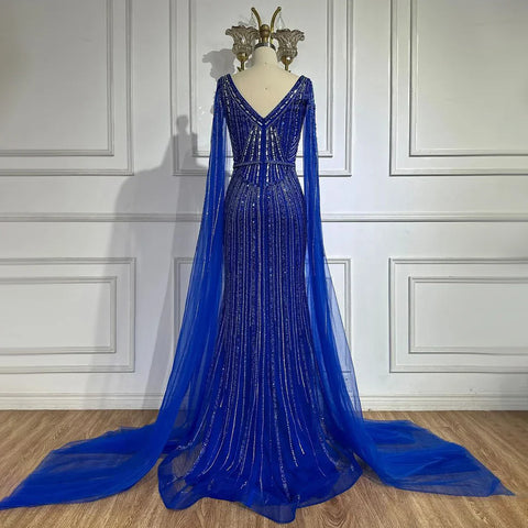 Dubai Royal Blue Elegant Cape Sleeves Beaded Arabic Luxury Evening Dresses Gowns for Women Party 2025 LA72502