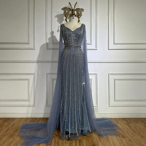 Dubai Royal Blue Elegant Cape Sleeves Beaded Arabic Luxury Evening Dresses Gowns for Women Party 2025 LA72502