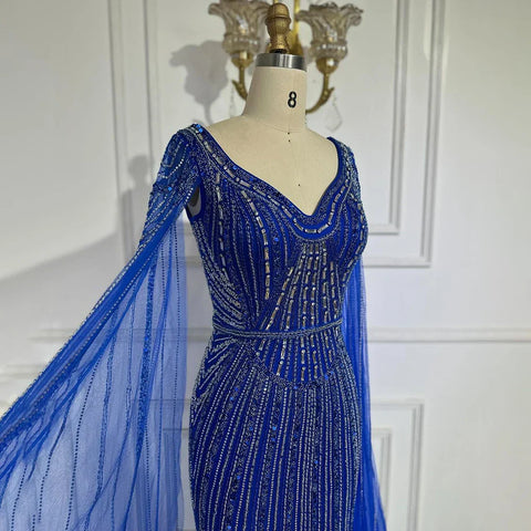 Dubai Royal Blue Elegant Cape Sleeves Beaded Arabic Luxury Evening Dresses Gowns for Women Party 2025 LA72502