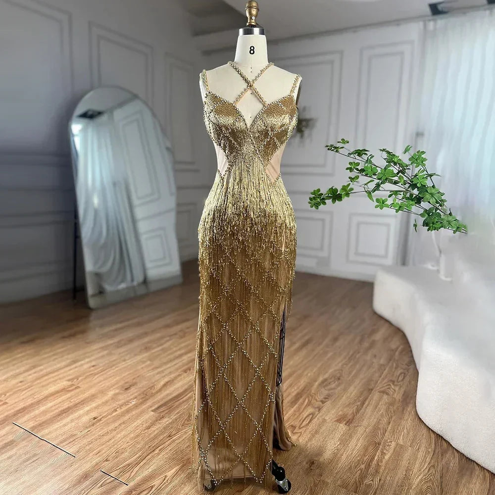 Dubai Silver Mermaid Gold Evening Gowns Luxury Beaded Tassel Spaghetti Strap Party Drsses For Women 2025 LA72280