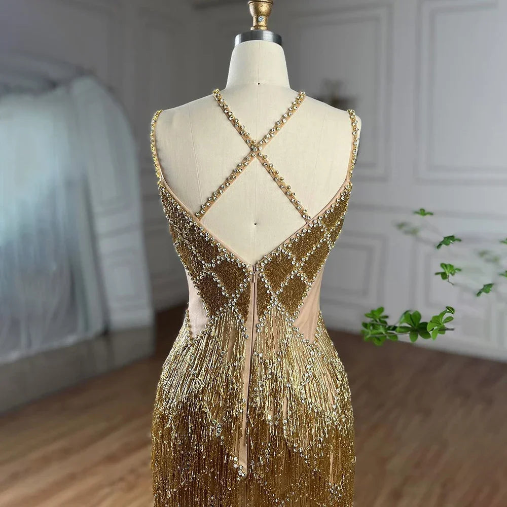 Dubai Silver Mermaid Gold Evening Gowns Luxury Beaded Tassel Spaghetti Strap Party Drsses For Women 2025 LA72280