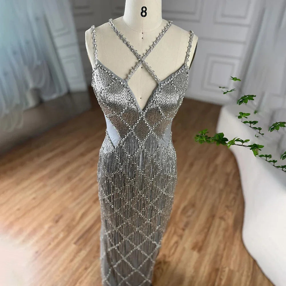 Dubai Silver Mermaid Gold Evening Gowns Luxury Beaded Tassel Spaghetti Strap Party Drsses For Women 2025 LA72280