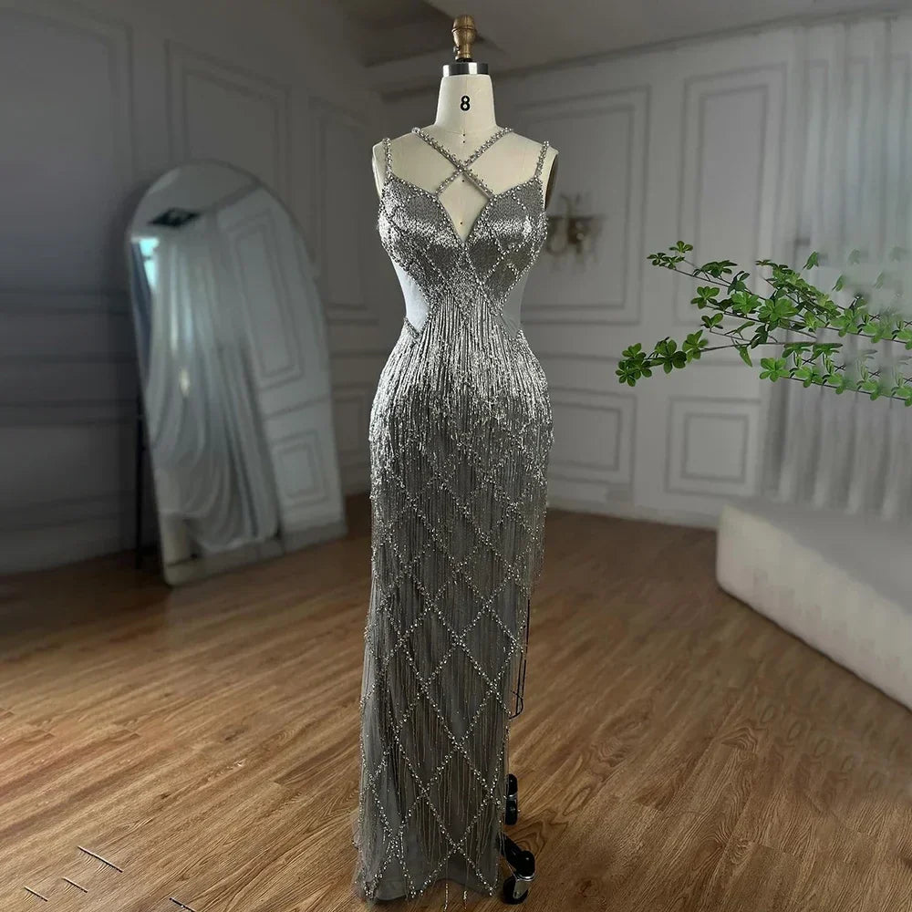 Dubai Silver Mermaid Gold Evening Gowns Luxury Beaded Tassel Spaghetti Strap Party Drsses For Women 2025 LA72280