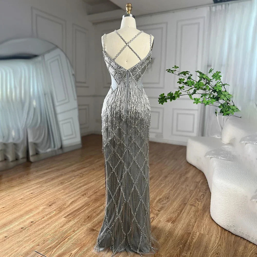 Dubai Silver Mermaid Gold Evening Gowns Luxury Beaded Tassel Spaghetti Strap Party Drsses For Women 2025 LA72280