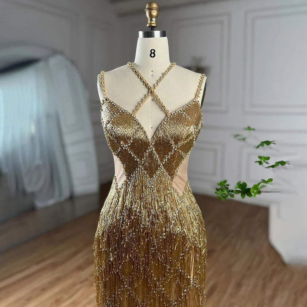 Dubai Silver Mermaid Gold Evening Gowns Luxury Beaded Tassel Spaghetti Strap Party Drsses For Women 2025 LA72280