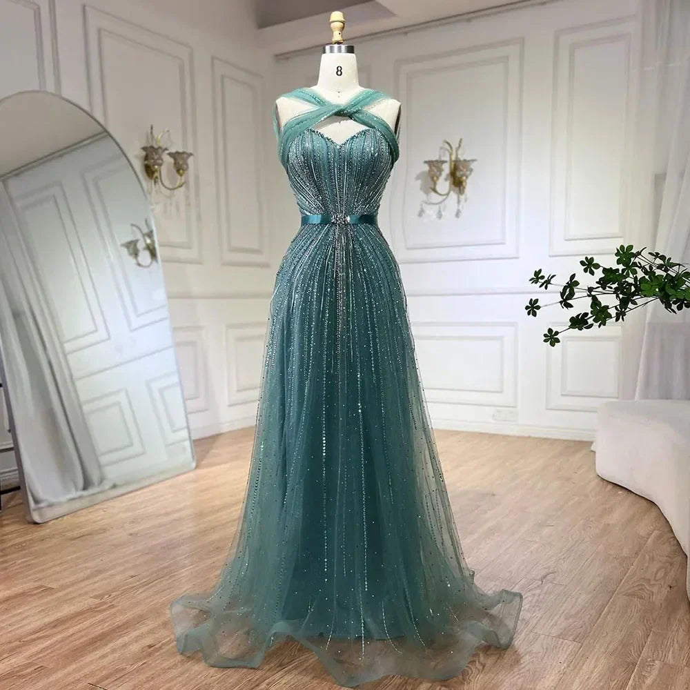 Dubai Turquoise Spaghetti Strap Mermaid Luxury Beaded Evening Dresses Gowns For Women Wedding Party 2026 LA72322