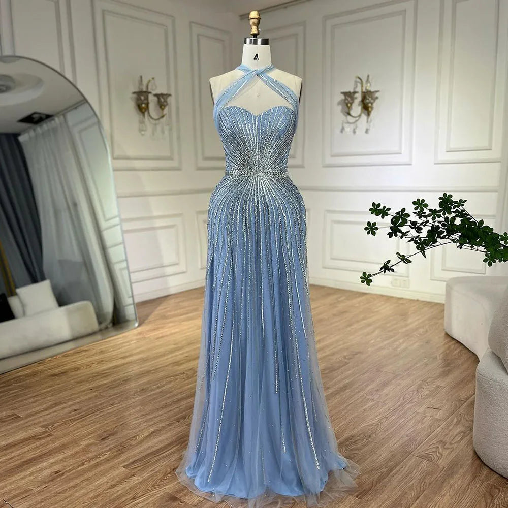 Dubai Turquoise Spaghetti Strap Mermaid Luxury Beaded Evening Dresses Gowns For Women Wedding Party 2026 LA72322