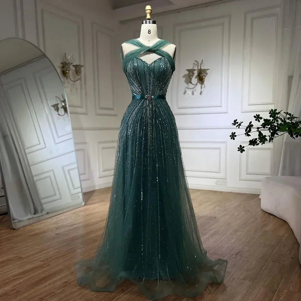 Dubai Turquoise Spaghetti Strap Mermaid Luxury Beaded Evening Dresses Gowns For Women Wedding Party 2026 LA72322