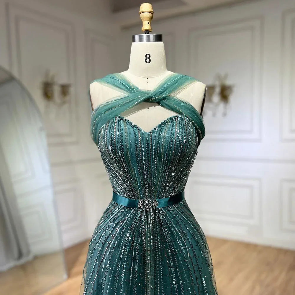 Dubai Turquoise Spaghetti Strap Mermaid Luxury Beaded Evening Dresses Gowns For Women Wedding Party 2026 LA72322