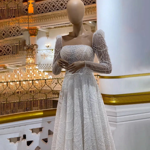 Dubai White A Line Luxury Evening Dresses Pearls Beaded Long Sleeve For Women Wedding Party 2025 LA72167