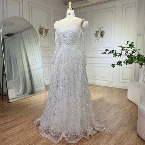 Dubai White A Line Luxury Evening Dresses Pearls Beaded Long Sleeve For Women Wedding Party 2025 LA72167