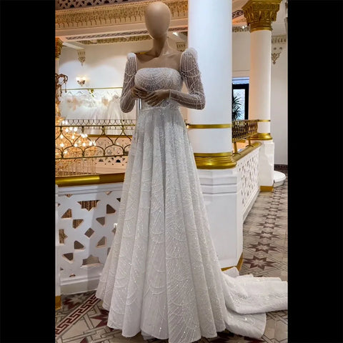 Dubai White A Line Luxury Evening Dresses Pearls Beaded Long Sleeve For Women Wedding Party 2025 LA72167