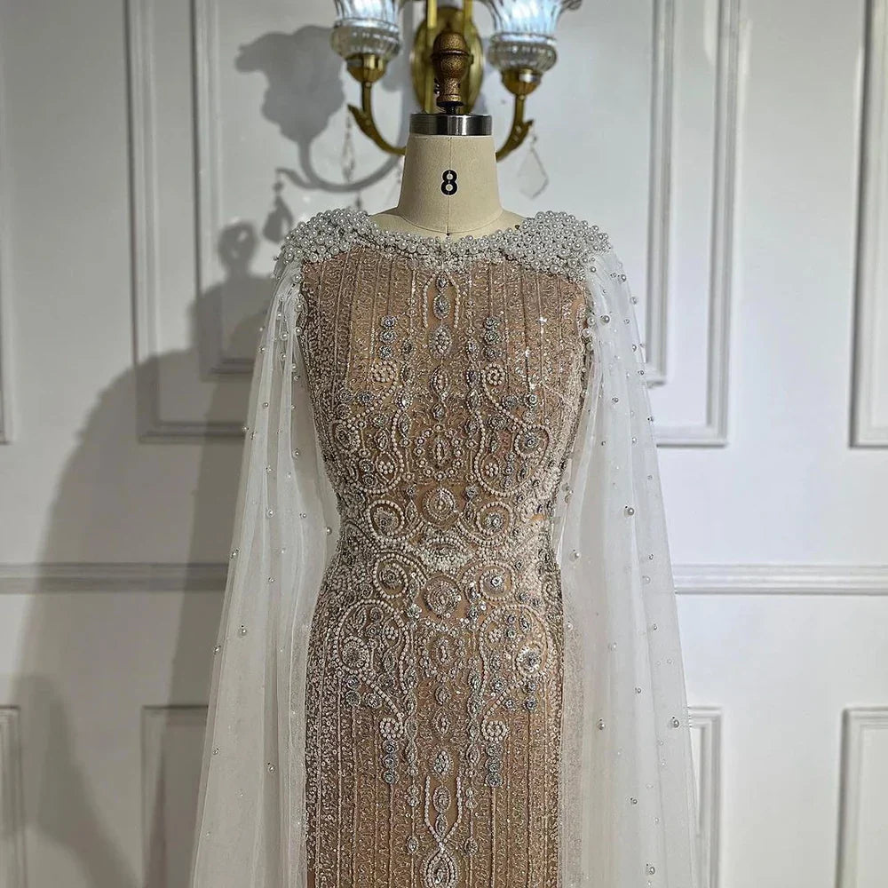 Luxury White Nude Mermaid Evening Dress with Cape Sleeves LA72444