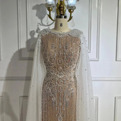 Luxury White Nude Mermaid Evening Dress with Cape Sleeves LA72444