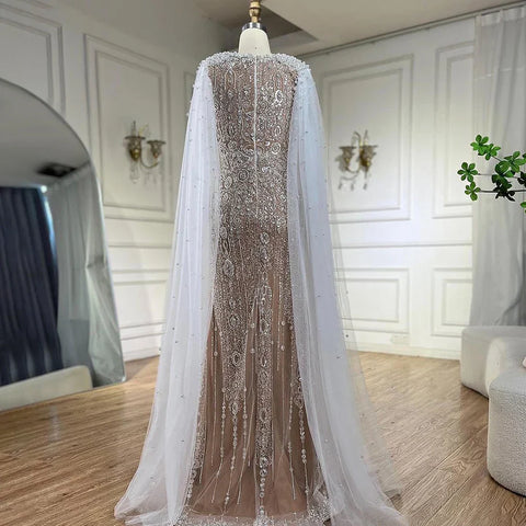 Luxury White Nude Mermaid Evening Dress with Cape Sleeves LA72444