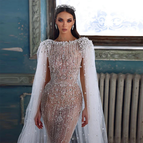 Luxury White Nude Mermaid Evening Dress with Cape Sleeves LA72444