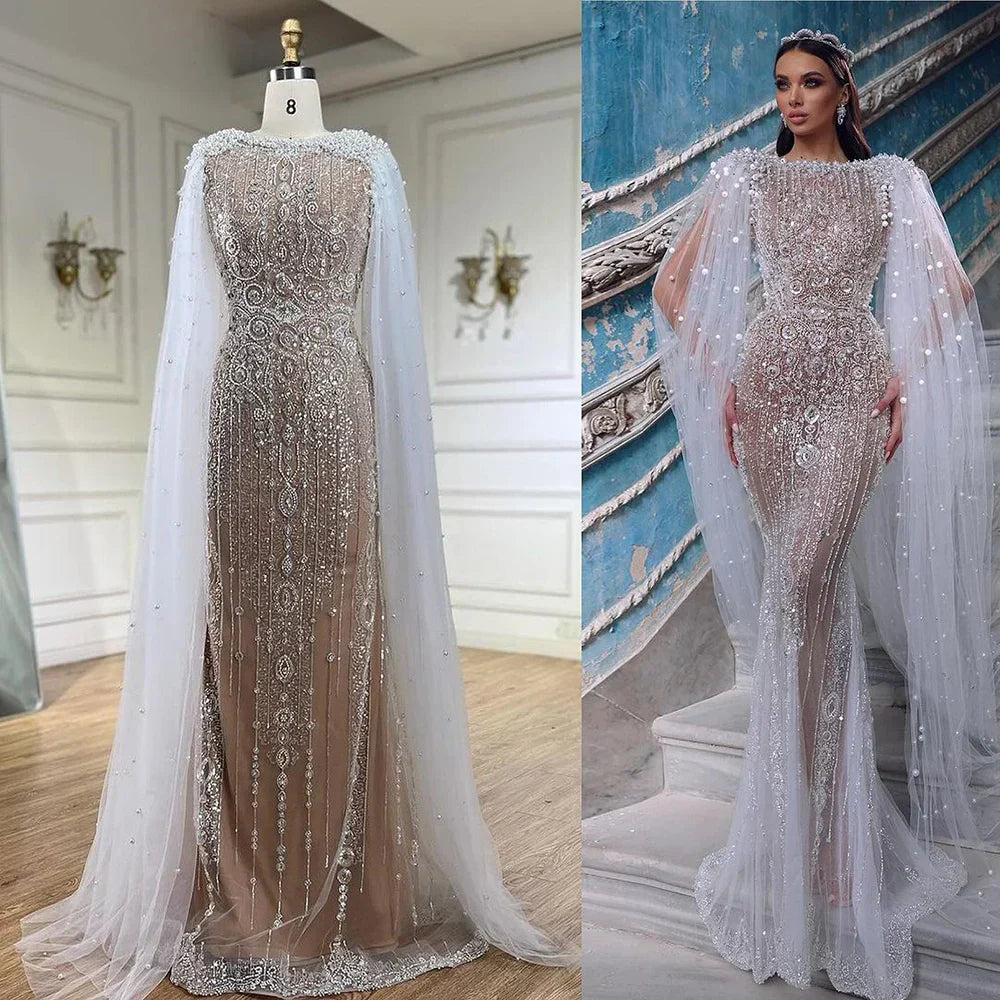 Luxury White Nude Mermaid Evening Dress with Cape Sleeves LA72444