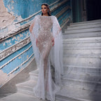 Luxury White Nude Mermaid Evening Dress with Cape Sleeves LA72444