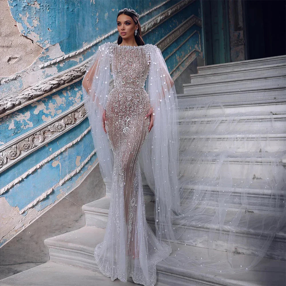 Luxury White Nude Mermaid Evening Dress with Cape Sleeves LA72444