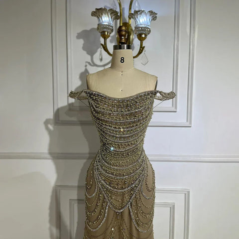 Luxury Crystal Silver Nude Mermaid Dubai Evening Dresses LA72253