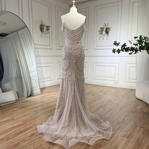 Luxury Crystal Silver Nude Mermaid Dubai Evening Dresses LA72253
