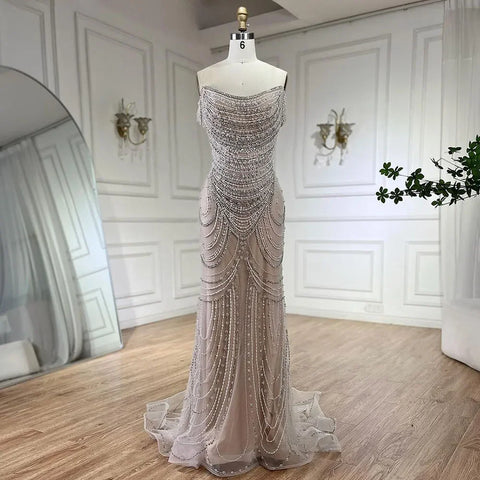 Luxury Crystal Silver Nude Mermaid Dubai Evening Dresses LA72253