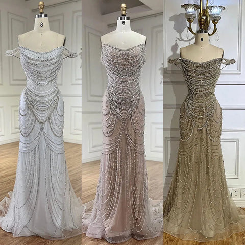 Luxury Crystal Silver Nude Mermaid Dubai Evening Dresses LA72253