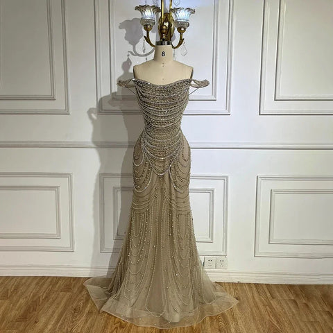 Luxury Crystal Silver Nude Mermaid Dubai Evening Dresses LA72253