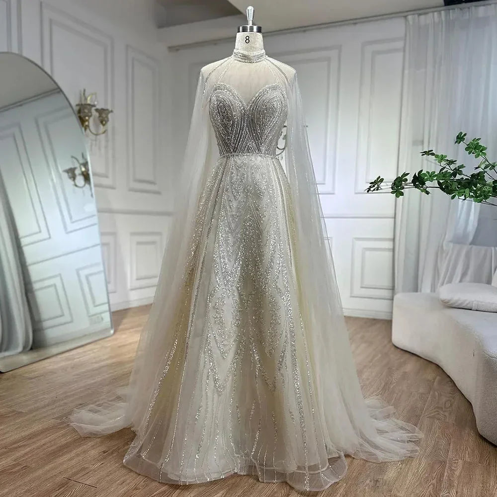 Dubai Yellow Cape Sleeves Elegant A Line Luxury Beaded Evening Dresses Gowns For Women wedding Party 2025 LA72308