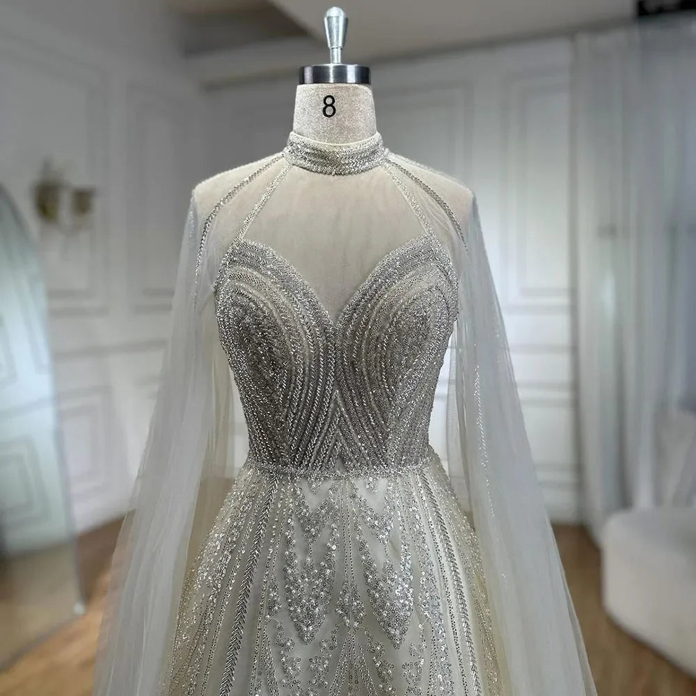 Dubai Yellow Cape Sleeves Elegant A Line Luxury Beaded Evening Dresses Gowns For Women wedding Party 2025 LA72308