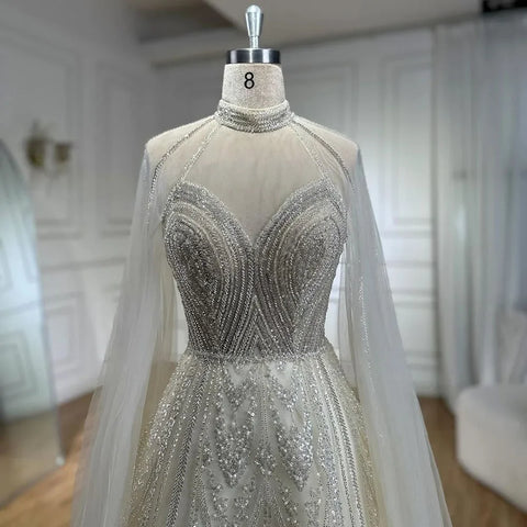 Dubai Yellow Cape Sleeves Elegant A Line Luxury Beaded Evening Dresses Gowns For Women wedding Party 2025 LA72308