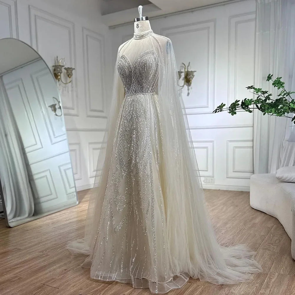 Dubai Yellow Cape Sleeves Elegant A Line Luxury Beaded Evening Dresses Gowns For Women wedding Party 2025 LA72308