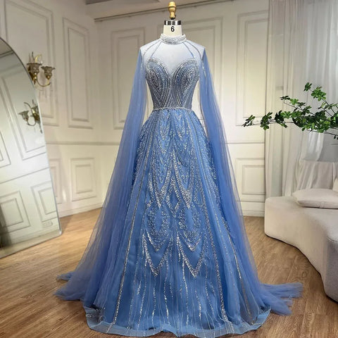 Dubai Yellow Cape Sleeves Elegant A Line Luxury Beaded Evening Dresses Gowns For Women wedding Party 2025 LA72308