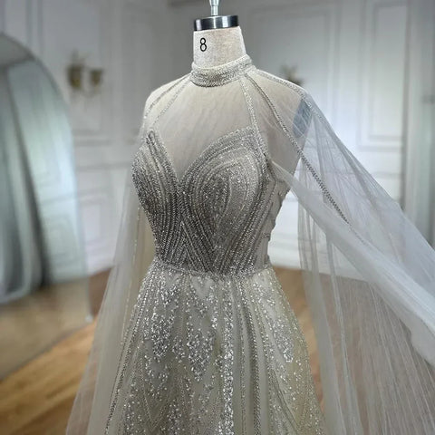 Dubai Yellow Cape Sleeves Elegant A Line Luxury Beaded Evening Dresses Gowns For Women wedding Party 2025 LA72308