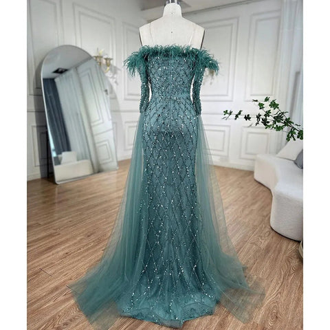 Dubai turquoise Feathers Beaded Mermaid Elegant Strapless Evening Dresses Gowns 2025 For Women Wedding Party LA72169