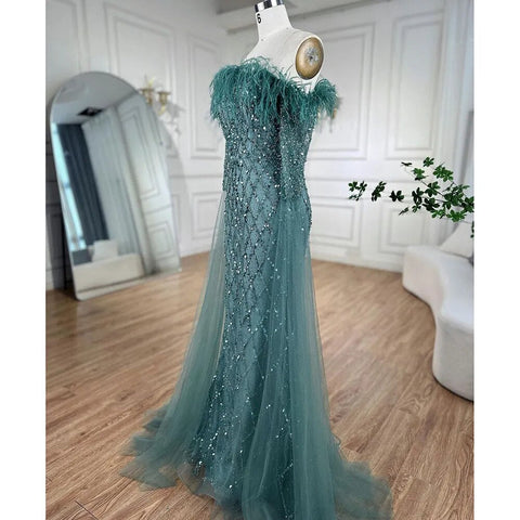 Dubai turquoise Feathers Beaded Mermaid Elegant Strapless Evening Dresses Gowns 2025 For Women Wedding Party LA72169