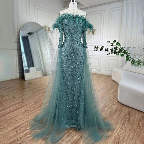Dubai turquoise Feathers Beaded Mermaid Elegant Strapless Evening Dresses Gowns 2025 For Women Wedding Party LA72169