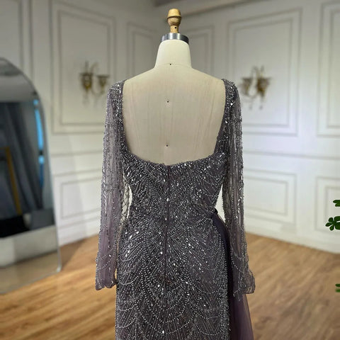 Elegant Arabic Purple Mermaid Beaded Evening Gown with Tulle Overskirt for Women | Wedding Party 2025 LA72032F