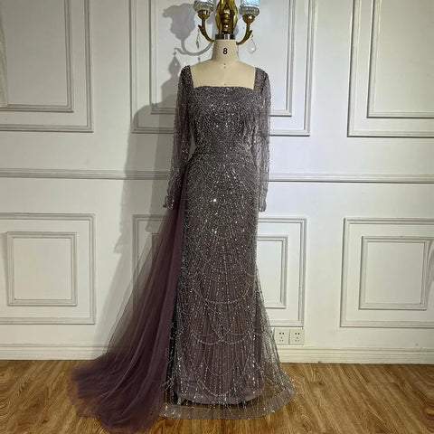 Elegant Arabic Purple Mermaid Beaded Evening Gown with Tulle Overskirt for Women | Wedding Party 2025 LA72032F