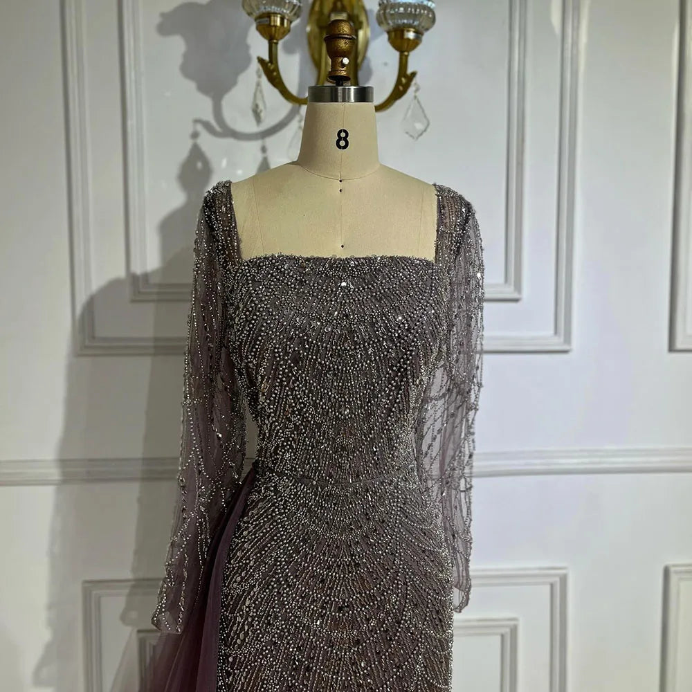 Elegant Arabic Purple Mermaid Beaded Evening Gown with Tulle Overskirt for Women | Wedding Party 2025 LA72032F
