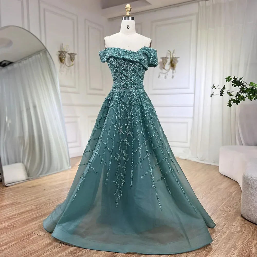 Elegant Black Beaded A-Line Evening Gown 2025 - Off-Shoulder Luxury Dress for Women - Long Party Dress LA72224