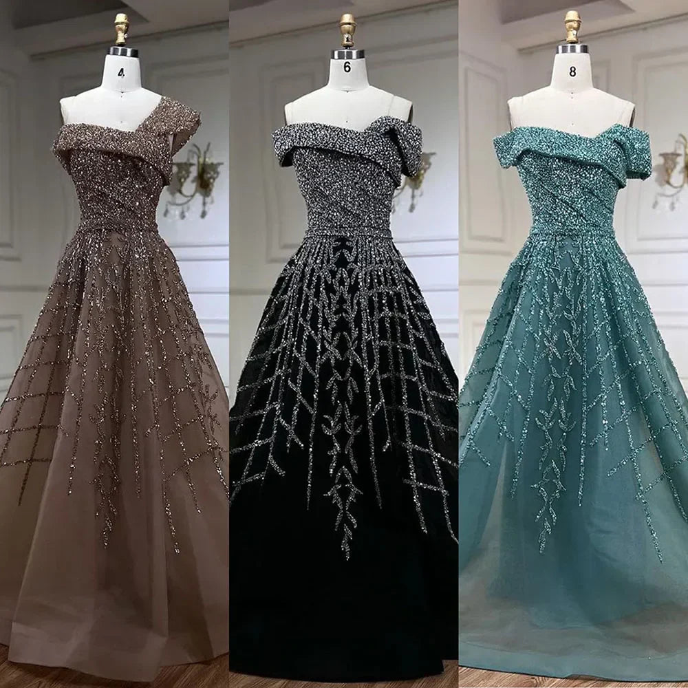 Elegant Black Beaded A-Line Evening Gown 2025 - Off-Shoulder Luxury Dress for Women - Long Party Dress LA72224