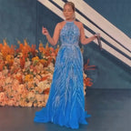 Elegant Blue Arabic A-line Halter Gown Luxury Dubai Evening Dress for Women Wedding Party 2025 LA72302