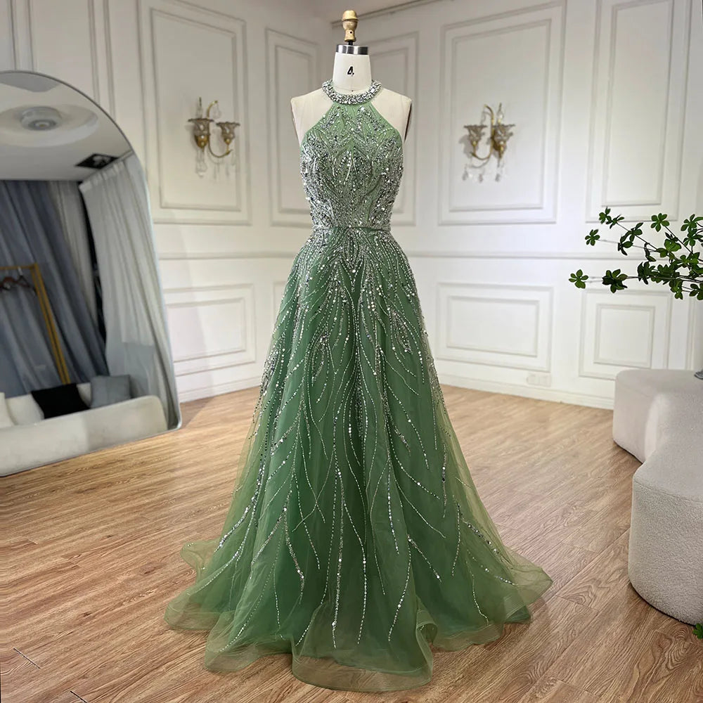 Elegant Blue Arabic A-line Halter Gown Luxury Dubai Evening Dress for Women Wedding Party 2025 LA72302