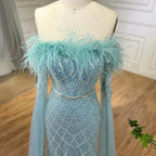 Elegant Cape Sleeves Mermaid Evening Dresses Gowns Luxury Feathers Beaded 2025 For Women Wedding Party LA72169B