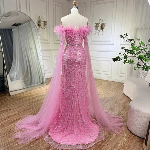 Elegant Cape Sleeves Mermaid Evening Dresses Gowns Luxury Feathers Beaded 2025 For Women Wedding Party LA72169B